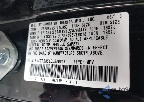 2013 Honda Crosstour Ex-L V6 z USA, uszkodzony, nr VIN 5J6TF2H50DL006015